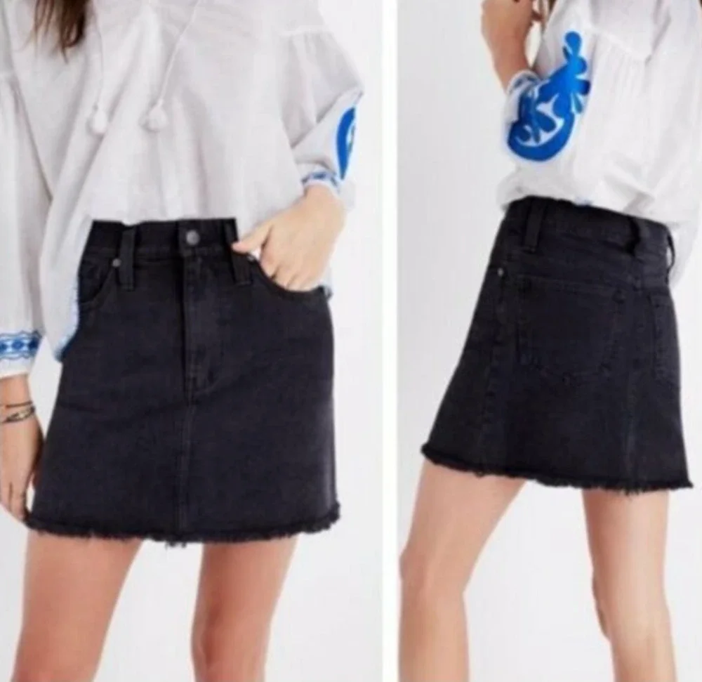 Madewell McCarren Denim Mini Skirt Womens 27 Black Wash Cotton Pockets Raw Hem